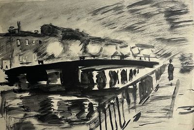 Ночной город. Рахина В.И. 1950-е годы. Бумага, акварель. Размер 20.0 х 29.0 1