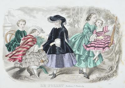 ."Детская мода" - Оригинальная гравюра, раскрашенная акварелью, опубликованная в 1842 году, в 