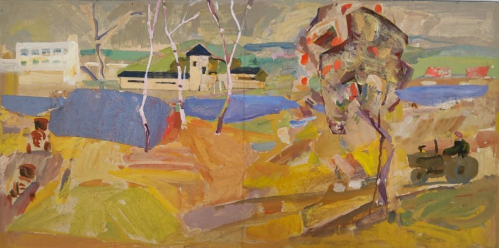 . В.И.Григорьев ." Осень.Уборка урожая". бумага смеш.техника.1976 год.