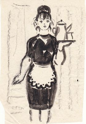 В. Матюх (1910-2003 г) " В кафе" рисунок тушью , калька 1960 годы. Дочь русского политического 