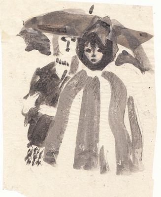 В. Матюх(1910-2003 год) "Под дождем" 1960 годы , рисунок тушью на кальке , коллаж. Дочь 