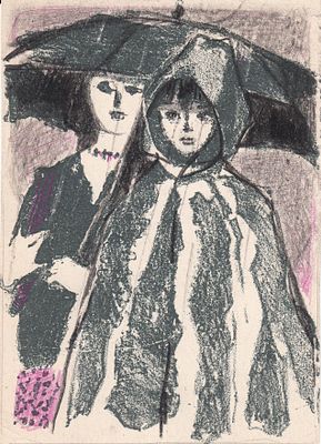 В. Матюх (1910-2003 г) "Под дождем" бумага литография 1960 годы, 15-11 см. Дочь русского 