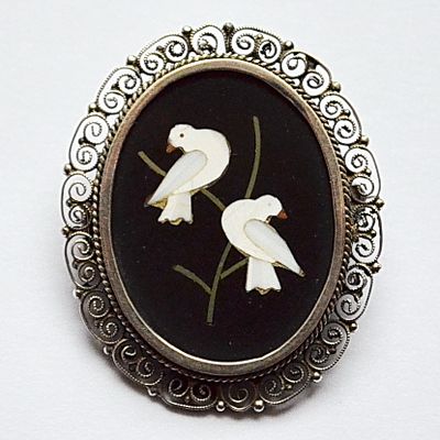 "PIETRA DURA" Флорентийская мозаика. Серебряная винтажная брошь подвеска. Маркировка 800. 