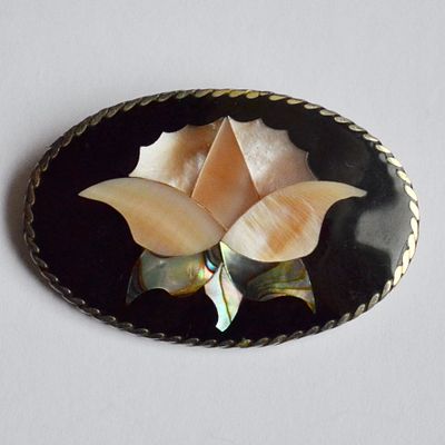 "PIETRA DURA" Флорентийская мозаика. Серебряная винтажная брошь. Маркировка; alpasa mexico 