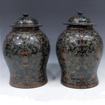 Парные храмовые вазы (банки) с крышками. Китай. 19-20 века . Папье маше. Лак. Роспись. Размер: 