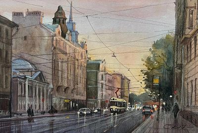 Е .Соколова "На улице Куйбышева" 30-40 см. бумага акварель.