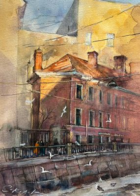 "Домик на канале Грибоедова" 25-30 см. бумага акварель