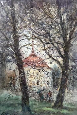 Е. Соколова "Выборг. Круглая башня" 30-40 смбумага акварель