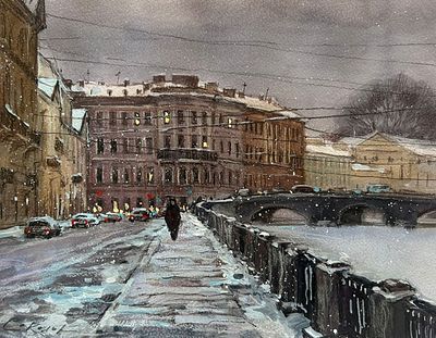 "Зима на Фонтанке" 30-35см. бумага акварель