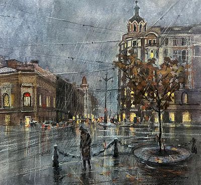 Е. Соколова "Осенний вечер на Петроградской" 30-35см.бумага акварель.