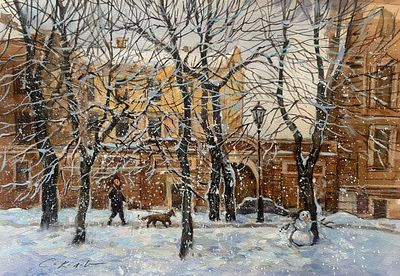 "Зима на Конногвардейском бульваре "30-40 см. бумага акврель.