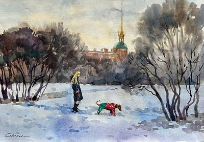 "Зима на Марсовом поле" 30-40, бумага акварель.