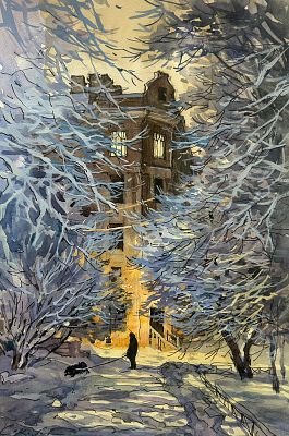 "Зимний вечер" 30-40 см.бумага акварель