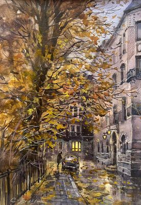 Е Соколова "Осень во дворе дома Лидваль" бумага , акварель