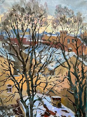 Е .Соколова "Крыши Петроградской стороны" 30-40 см , холст. масло