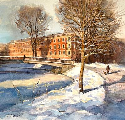 "Зима на Пряжке" 30-35 см.бумага акварель.