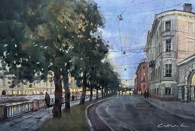 " Поздний вечер на Фонтанке" 30-40 см бумага акварель