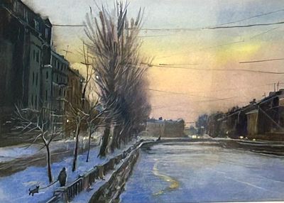 Е. Соколова "Зимний вечер" 30-40 см.бумага акварель