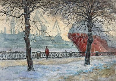 Е. Соколова "Набережная Лейтенанта Шмидта " 30-40 см бумага акварель