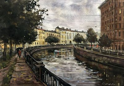 Е. Соколова "Вечер на канале Грибоедова, " 30-40 см. бумага, акварель.