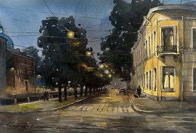 Е. Соколова "Вечер на Крюковом канале ." 30-40 см. бумага, акварель.