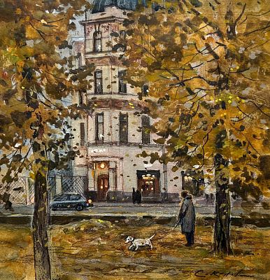 Е. Соколова "Осень на Каменноостровском проспекте". 30-35 см. бумага акварель.