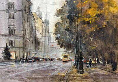 Е. Соколова "Осеннее утро на Каменноостровском.30-40 см. бумага акварель.