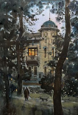 Е. Соколова "У дворца Кшесинской ". 30-40 см, бумага акварель.