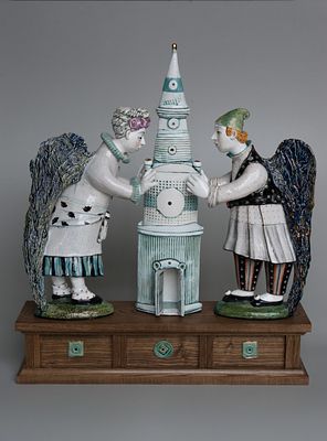 "Ангелы-строители" высота 80 см., 2017 год , керамика дерево.