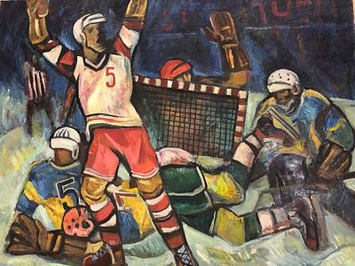 О. Корень "Хоккеисты" холст , масло 92-70 см.1973 год , .Ленинград.
Корень Олег Петрович (1933 