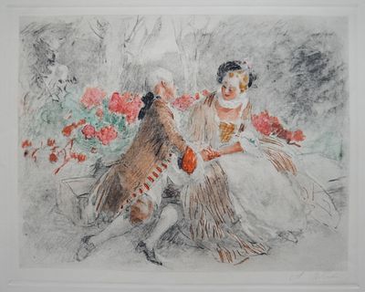 Антуан Кальбе(Фр.1860-1944) Галантная сцена в XVIII веке. Примерно 1930-е г.
Бумага, акватинта. 