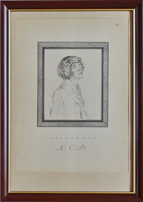 Миниатюра - портрет "Л.С.В." Чехонин С. до 1924г. Бумага-пергамент, литография.
Размер: 32.0 х 