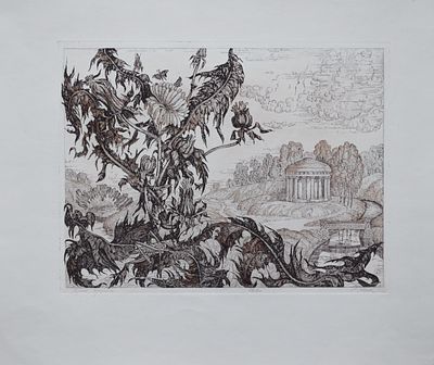 Храм дружбы. Звонов С. 28/30. Бумага, офорт, акварель. Размер 35.5 х 42.5; 24.0 х 32.0(р.и.).
В 