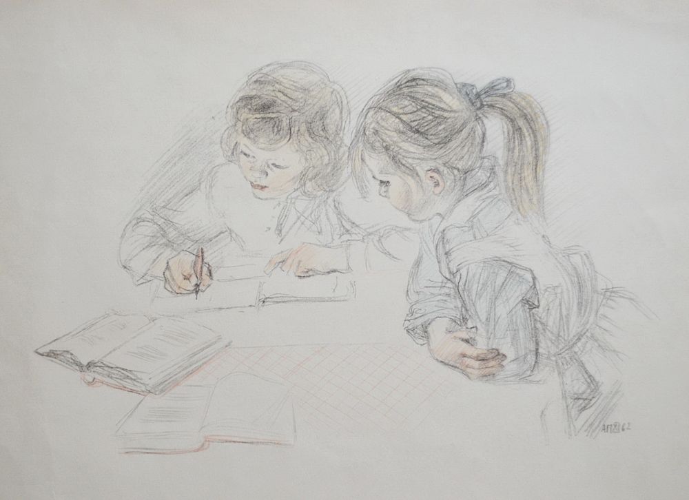 Подруги. Домашнее задание. А. Пахомов. 1962 год. Бумага, литография, цветной карандаш. Размер 