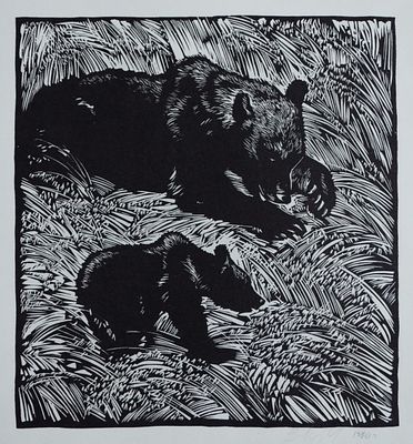 Медведь. Жуков Г. 3/10. 1972 год. бумага, ксилография. Размер: 40.0х36.0; 28.0 х 27.0(р.и.). В 