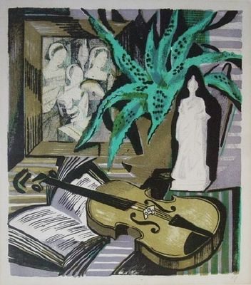 &laquo;Натюрморт со скрипкой&raquo;, Давыдова О.А.1990-е гг. Бумага, цветная автолитография.
Размер: 52.0 х 