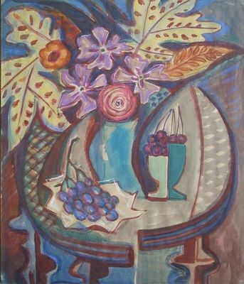 Цветы и фрукты. Давыдова О.А. 2003 г. Бумага, гуашь. Размер: 49.0 х 41.0(р.и.) В хорошем состоянии