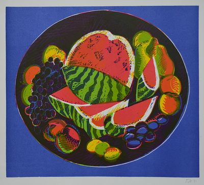 Арбуз. Молчанова Г. 1981 год. Бумага, линогравюра. Размер: 42.0 х 42.0.В очень хорошем состоянии.