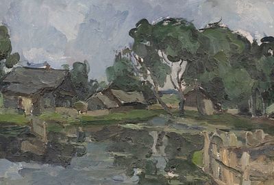 [Группа Одиннадцать] На берегу пруда. Рахина В. И. 1950-е гг. Картон, масло. Размер: 38.0 х 