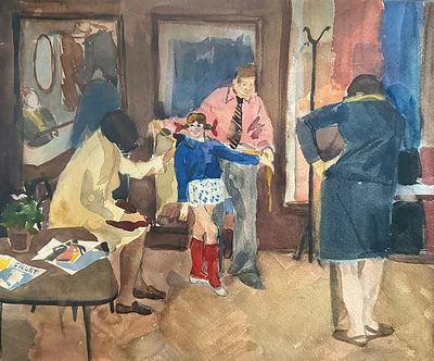 И. Григорьева "На примерке". Бумага, акварель, 37х44 см., 1975 год.