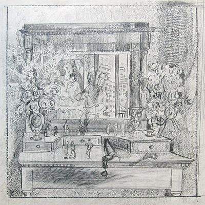 Ярослав Крестовский "Натюрморт с автопортретом , зеркалом и окном на улицу" 1972 год , бумага 