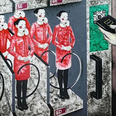 Ло Си "Служить людям”.
Размер: 200/200 см., 
Материалы: Холст, акрил, смешанная техника. Картина 