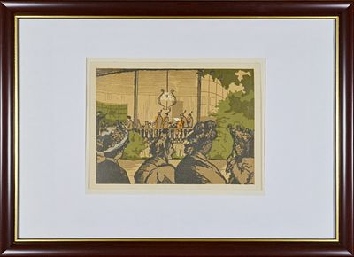 &laquo;Оркестр&raquo;. Остроумова-Лебедева А. 1920-е годы. Бумага, цветная цинкография. Размер рамы: 23.5 х 