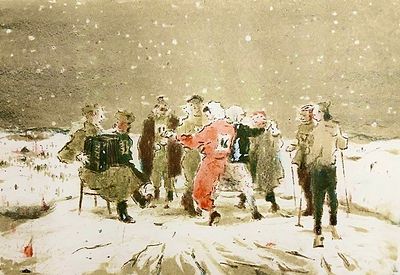 Матюх В." Лыжники. Танцы на снегу. " 1957год.. лист 42х60, из. 30х42.литография, Ленинград. Вера 