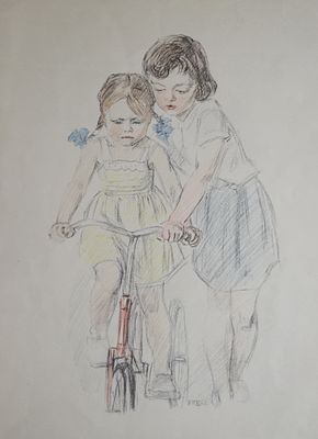 Учимся кататься на велосипеде. А. Пахомов. 1962 год. Бумага, литография, цветной карандаш. 