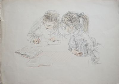 Подруги. Домашнее задание. А. Пахомов. 1962 год. Бумага, литография, цветной карандаш. 