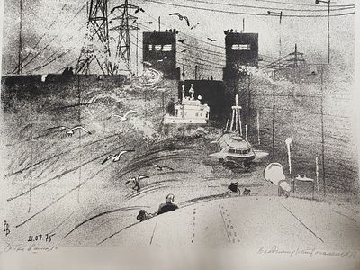 Владимир Ветрогонский "Чайки в шлюзе", литография, 1975 год.49-63см. изображение. Ветрогонский 