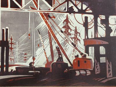 Владимир Ветрогонский "Красные краны" цветная линогравюра , 1967 год, Ленинград.50-65 изображение. 