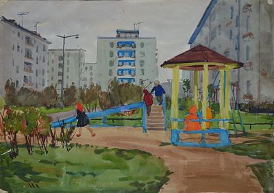 М.Чернецкая " В новом районе" 60-40 см.бумага акварель.1960 год. Чарнецкая Милица Сергеевна 