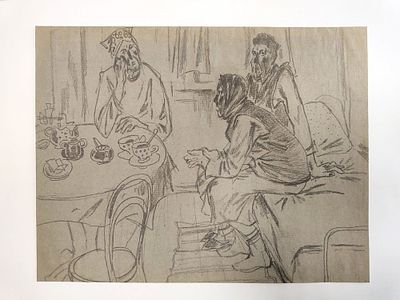 В .Руднев "Разговор, " 31-24 см.бумага , карандаш.1982 год.Ленинград. Живописец, педагог. 